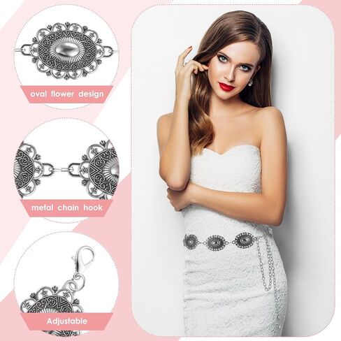 Prasacco Western Belt Cowgirl Belt Chain Belt Country Belt Metal Concho Belt Womens Belts for Jeans Dresses, Silver, One size in Saudi Arabia