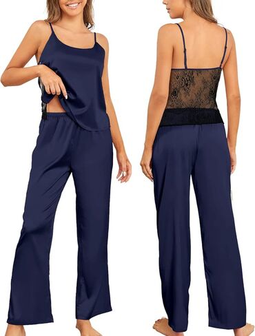 DUWMCON إمرأة مثير الحرير بيجامة مجموعات الساتان عيد الميلاد منامة للنساء الدانتيل الظهر كامي الأعلى مع بنطلون بيجاما ملابس خاصة لينة in Kuwait