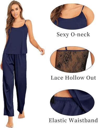 DUWMCON إمرأة مثير الحرير بيجامة مجموعات الساتان عيد الميلاد منامة للنساء الدانتيل الظهر كامي الأعلى مع بنطلون بيجاما ملابس خاصة لينة in Kuwait