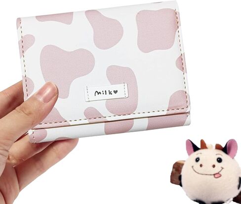MOZXIRZ Women Girls Wallet Cute Cow Print Tri-Fold Wallet PU Leather Purse Slim Small Short Wallet Cartoon Trifold Cash Card Holder Bag (Pink Cow) in Saudi Arabia