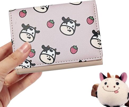 MOZXIRZ Women Girls Wallet Cute Cow Print Tri-Fold Wallet PU Leather Purse Slim Small Short Wallet Cartoon Trifold Cash Card Holder Bag (Pink Cow) in Saudi Arabia