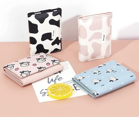 MOZXIRZ Women Girls Wallet Cute Cow Print Tri-Fold Wallet PU Leather Purse Slim Small Short Wallet Cartoon Trifold Cash Card Holder Bag (Pink Cow) in Saudi Arabia