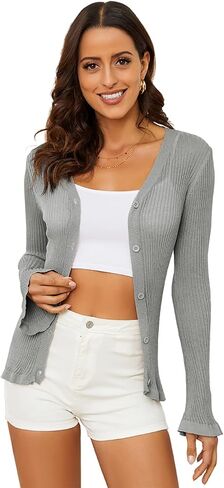 Womens Summer Cardigan for Women Lightweight Long Bell Sleeve Button Down Open Front Ice Silk Knit Cardigans in Kuwait