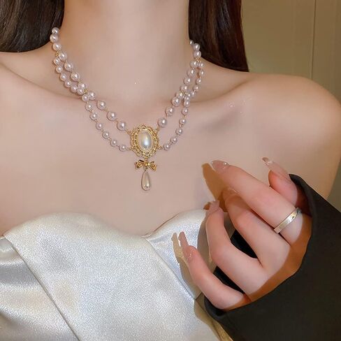 Vcagirest خمر القوس اللؤلؤ قطرة قلادة قلادة الطبقات اللؤلؤ قلادة للنساء والفتيات مجوهرات الزفاف المختنق in Kuwait