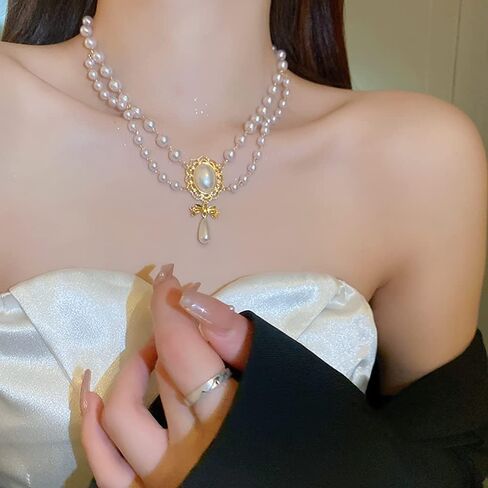 Vcagirest خمر القوس اللؤلؤ قطرة قلادة قلادة الطبقات اللؤلؤ قلادة للنساء والفتيات مجوهرات الزفاف المختنق in Kuwait