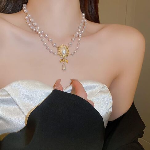 Vcagirest خمر القوس اللؤلؤ قطرة قلادة قلادة الطبقات اللؤلؤ قلادة للنساء والفتيات مجوهرات الزفاف المختنق in Kuwait