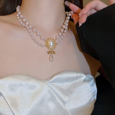 Vcagirest خمر القوس اللؤلؤ قطرة قلادة قلادة الطبقات اللؤلؤ قلادة للنساء والفتيات مجوهرات الزفاف المختنق in Kuwait