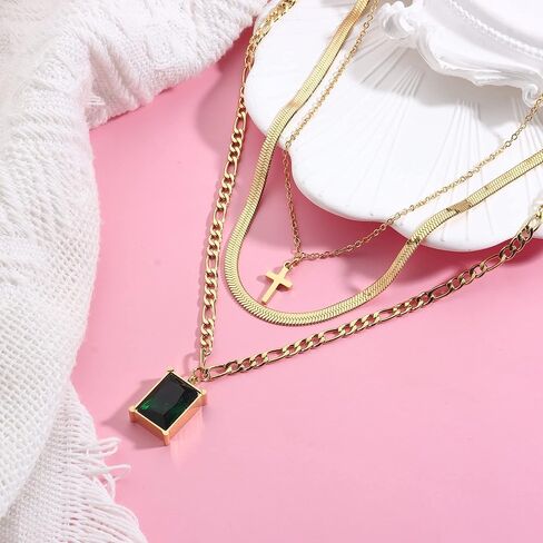 THUNARAZ قلادات ذهبية الطبقات للنساء العصرية 14 قيراط مطلية بالذهب بيان طبقات قلادة متعرجة ثعبان سلسلة قلادة قلادة مجموعة حجر محظوظ عيد ميلاد هدية عيد الحب in Kuwait