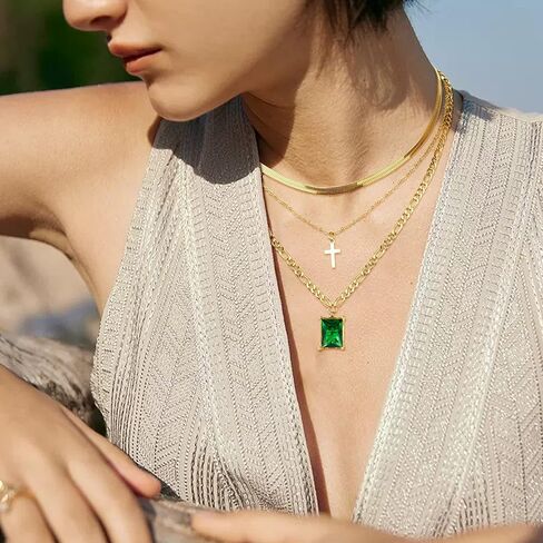 THUNARAZ قلادات ذهبية الطبقات للنساء العصرية 14 قيراط مطلية بالذهب بيان طبقات قلادة متعرجة ثعبان سلسلة قلادة قلادة مجموعة حجر محظوظ عيد ميلاد هدية عيد الحب in Kuwait