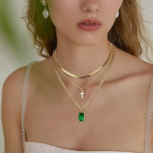 THUNARAZ قلادات ذهبية الطبقات للنساء العصرية 14 قيراط مطلية بالذهب بيان طبقات قلادة متعرجة ثعبان سلسلة قلادة قلادة مجموعة حجر محظوظ عيد ميلاد هدية عيد الحب in Kuwait