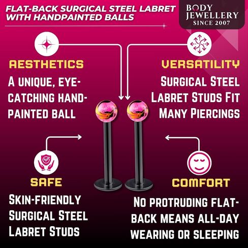 2 قطعة 16 جرام Labret ترصيع الشفاه الدائري ثعبان لدغة مونرو محارة إلى الأمام اللولب الزنمة الأسود بأكسيد رسمت باليد 02 الكرة-اختيار الحجم in Saudi Arabia