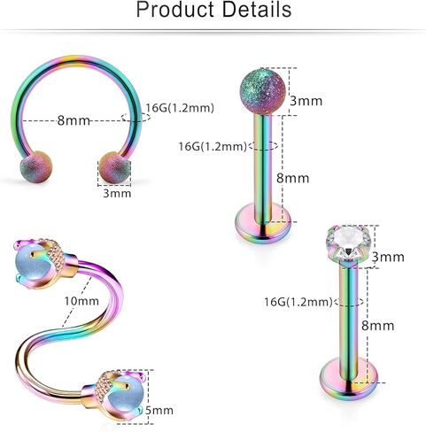 Cisyozi 16G حلقات الشفاه ترصيع الجراحية الصلب واضح الماس تشيكوسلوفاكيا Labret حلقات الشفاه ترصيع الزنمة حدوة الحصان الغضروف الزنمة الحلزون هوب القرط الجسم مجوهرات ثقب التجنيب للنساء الرجال 8 مم in Kuwait