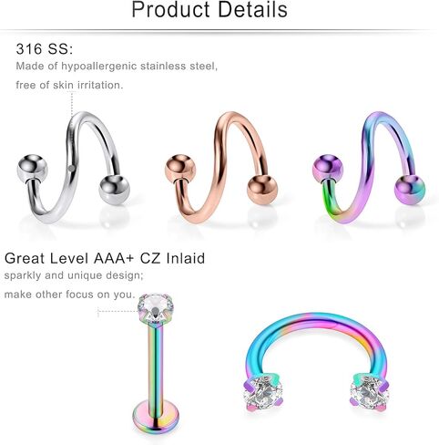 Cisyozi 16G حلقات الشفاه ترصيع الجراحية الصلب واضح الماس تشيكوسلوفاكيا Labret حلقات الشفاه ترصيع الزنمة حدوة الحصان الغضروف الزنمة الحلزون هوب القرط الجسم مجوهرات ثقب التجنيب للنساء الرجال 8 مم in Kuwait