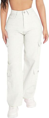 WDIRARA Women's Cargo Denim Pants High Waist Straight Leg Boyfriend Jeans with Pocket in Saudi Arabia