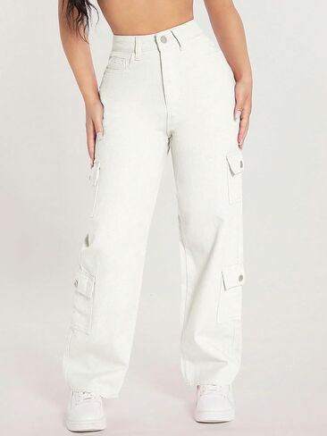WDIRARA Women's Cargo Denim Pants High Waist Straight Leg Boyfriend Jeans with Pocket in Saudi Arabia