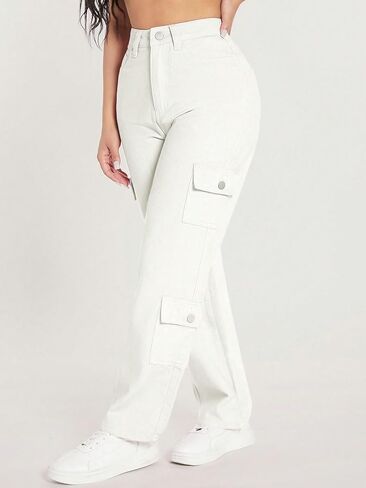 WDIRARA Women's Cargo Denim Pants High Waist Straight Leg Boyfriend Jeans with Pocket in Saudi Arabia