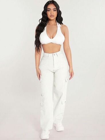 WDIRARA Women's Cargo Denim Pants High Waist Straight Leg Boyfriend Jeans with Pocket in Saudi Arabia