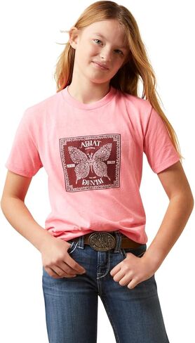 تي شيرت Ariat Butterfly Bandana للفتيات من Ariat - وردي منقط نيون، متوسط in Saudi Arabia