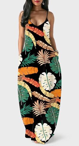 Glozeplus Maxi Dress for Women Beach Vacation Summer Casual Floral Printed Bohemian Long Sundress with Pockets in Saudi Arabia