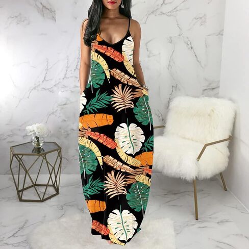 Glozeplus Maxi Dress for Women Beach Vacation Summer Casual Floral Printed Bohemian Long Sundress with Pockets in Saudi Arabia
