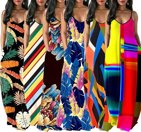 Glozeplus Maxi Dress for Women Beach Vacation Summer Casual Floral Printed Bohemian Long Sundress with Pockets in Saudi Arabia