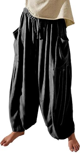 HYLLGUD Women Linen Wide Leg Pants Flowy Comfy Baggy Beach High Waist Lounge Pants in Saudi Arabia