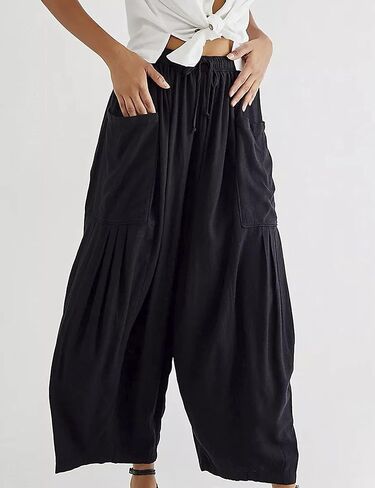 HYLLGUD Women Linen Wide Leg Pants Flowy Comfy Baggy Beach High Waist Lounge Pants in Saudi Arabia