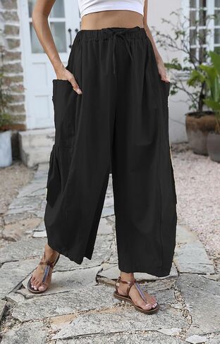 HYLLGUD Women Linen Wide Leg Pants Flowy Comfy Baggy Beach High Waist Lounge Pants in Saudi Arabia