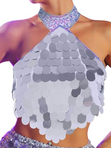 Zoestar Sequin Rave Top Costume Sequin Crop Top Shiny Party Bra Top Concert Festival Tops for Women and Girls in Kuwait