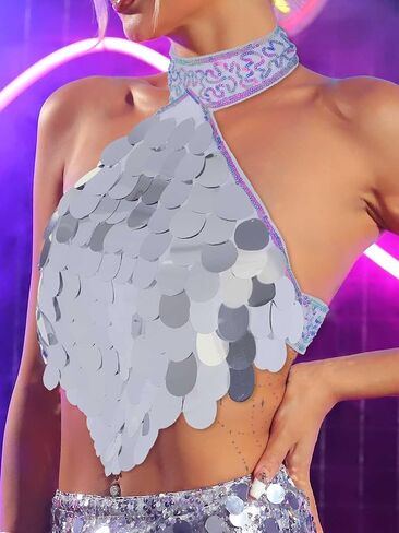 Zoestar Sequin Rave Top Costume Sequin Crop Top Shiny Party Bra Top Concert Festival Tops for Women and Girls in Kuwait