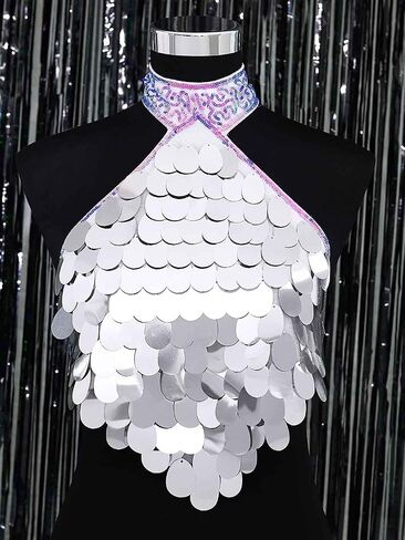Zoestar Sequin Rave Top Costume Sequin Crop Top Shiny Party Bra Top Concert Festival Tops for Women and Girls in Kuwait