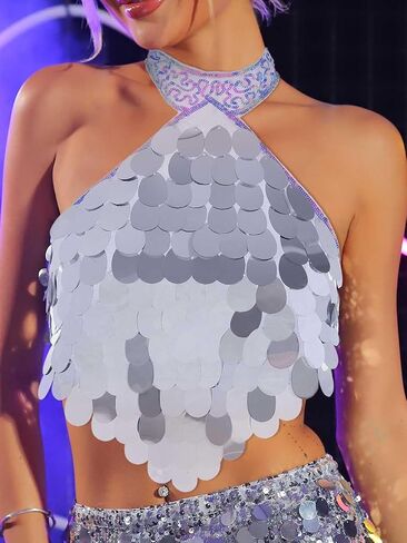 Zoestar Sequin Rave Top Costume Sequin Crop Top Shiny Party Bra Top Concert Festival Tops for Women and Girls in Kuwait