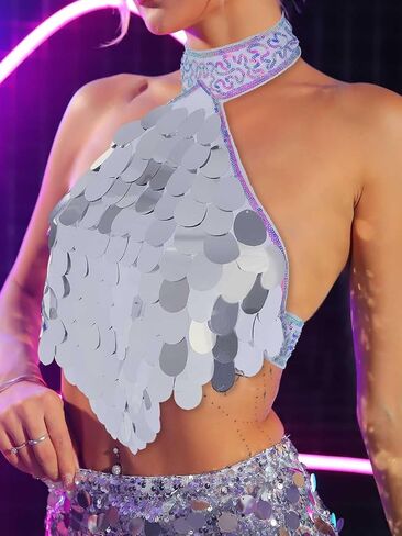 Zoestar Sequin Rave Top Costume Sequin Crop Top Shiny Party Bra Top Concert Festival Tops for Women and Girls in Kuwait