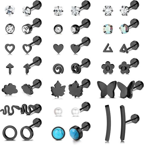 Ubjuliwa 20 Pairs 20G Surgical Steel Stud Earrings Set for Women Men Hypoallergenic Flatback Earrings Piercing Jewelry Star Moon flower Heart Leaf Opal Cartilage Earrings in Saudi Arabia
