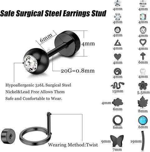 Ubjuliwa 20 Pairs 20G Surgical Steel Stud Earrings Set for Women Men Hypoallergenic Flatback Earrings Piercing Jewelry Star Moon flower Heart Leaf Opal Cartilage Earrings in Saudi Arabia
