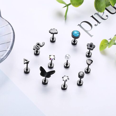 Ubjuliwa 20 Pairs 20G Surgical Steel Stud Earrings Set for Women Men Hypoallergenic Flatback Earrings Piercing Jewelry Star Moon flower Heart Leaf Opal Cartilage Earrings in Saudi Arabia