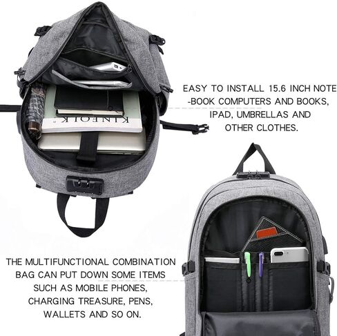 الحزمة - حقيبة ظهر للكمبيوتر المحمول مقاومة للماء ومضادة للسرقة مع منفذ شحن USB وقفل | حقيبة كمبيوتر للعمل والسفر، رمادي وأسود in Kuwait