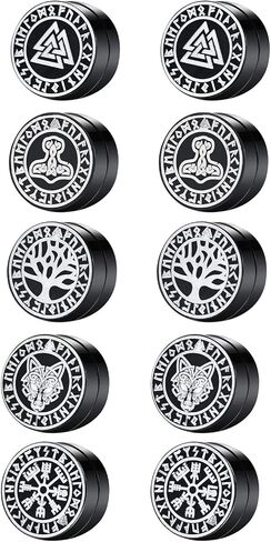 Axbuldo 6 Pairs 9MM Men's Nordic Viking Earrings Viking Runes/Celtic Knot/Thor's Hammer/Wolf Head Earring Jewelry Black Non Pierced Fake Gauges Studs Earring Set, Stainless Steel, No Gemstone in Saudi Arabia