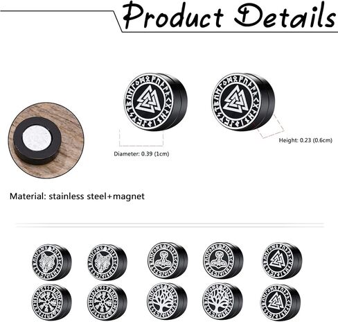 Axbuldo 6 Pairs 9MM Men's Nordic Viking Earrings Viking Runes/Celtic Knot/Thor's Hammer/Wolf Head Earring Jewelry Black Non Pierced Fake Gauges Studs Earring Set, Stainless Steel, No Gemstone in Saudi Arabia