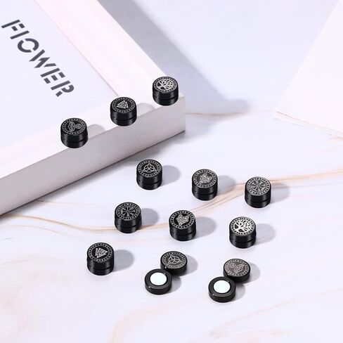Axbuldo 6 Pairs 9MM Men's Nordic Viking Earrings Viking Runes/Celtic Knot/Thor's Hammer/Wolf Head Earring Jewelry Black Non Pierced Fake Gauges Studs Earring Set, Stainless Steel, No Gemstone in Saudi Arabia