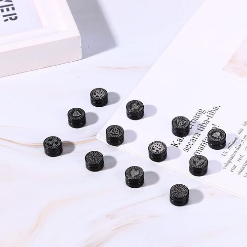 Axbuldo 6 Pairs 9MM Men's Nordic Viking Earrings Viking Runes/Celtic Knot/Thor's Hammer/Wolf Head Earring Jewelry Black Non Pierced Fake Gauges Studs Earring Set, Stainless Steel, No Gemstone in Saudi Arabia