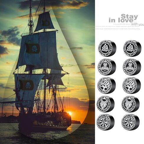 Axbuldo 6 Pairs 9MM Men's Nordic Viking Earrings Viking Runes/Celtic Knot/Thor's Hammer/Wolf Head Earring Jewelry Black Non Pierced Fake Gauges Studs Earring Set, Stainless Steel, No Gemstone in Saudi Arabia