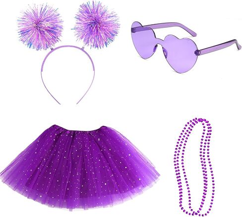 Tutu for Women Kids Costume Accessories Set Pom Pom Headband Layered Tulle Tutu Skirt Heart Shape Sunglasses Bead Necklaces in Saudi Arabia