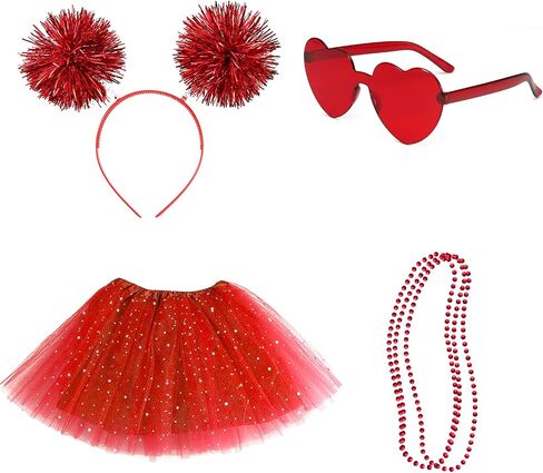 Tutu for Women Kids Costume Accessories Set Pom Pom Headband Layered Tulle Tutu Skirt Heart Shape Sunglasses Bead Necklaces in Saudi Arabia