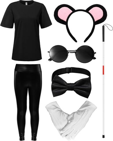 7 Pcs Halloween Women Mouse Costume Set Ears Headband Guide Walking Stick Tshirt Pants Bow Tie Gloves Sunglasses in Saudi Arabia