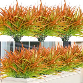 Weldomcor Artificial Plants for Fall Decor Outdoor 8 Bundles Fake Grass Bushes, Faux Autumn Decorative Greenery Stems Plant Shrubs Indoor UV Resistant for Home Garden Window Box Patio Pathway (Orange)