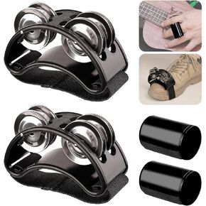 2 Set Foot Tambourine Shaker & Rhythm Finger Shaker with Elastic Strap, Percussion Musical Instrument Set for Ukulele Guitar Drum Mandolin Banjo Playing (Black)