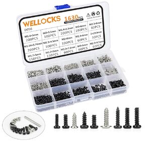 WELLOCKS Mini Screw 1630 PCS M1.4 M1.64 M1.7 M2 M2.3 High Precision Self-Tapping Screws Micro Screws, Tiny Electronic Screws Assortment Kit Carbon Steel for Mouse and Keyboard Repair (D056)