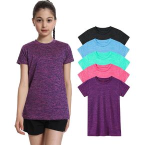 5 Pack Girls Athletic Shirts Short Sleeve Dry Fit Sports T-Shirts Crew Neck Activewear Tees Tops for Kids Teens in Kuwait