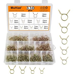 MuHize 330 Pcs Hose Clips - 5-13mm Spring Clips Clamps, Spring Hose Clamp Suitable for Water Pipes, Cuel Lines and Water Pipes in Cars (9 Sizes)